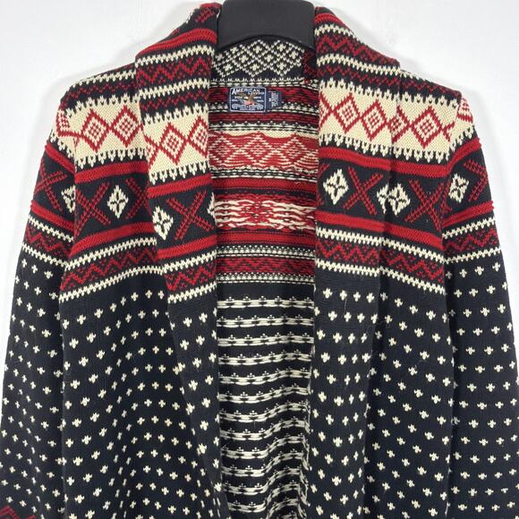 Vintage American Living Fair Isle Open Front Cardigan Sweater Medium Red Black - Picture 4 of 8